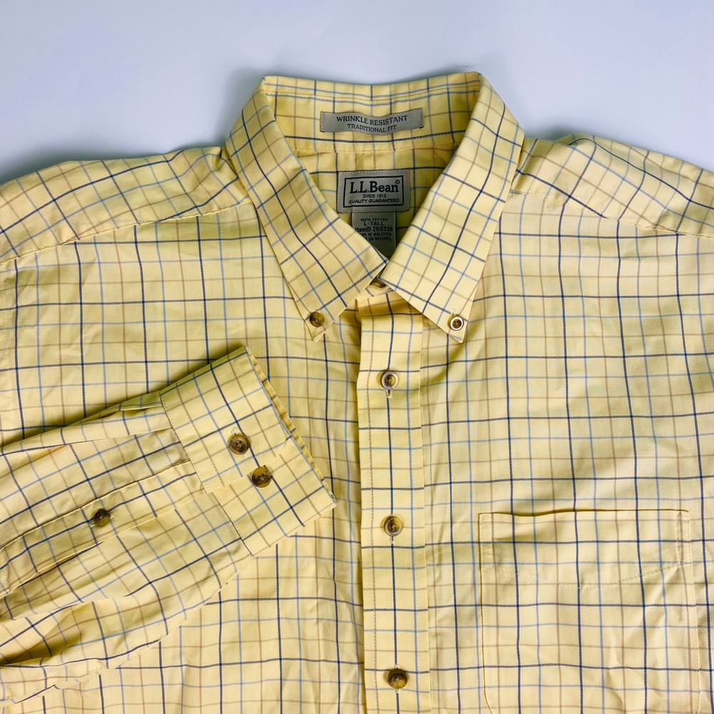 LL Bean Mens Size Tall L Long Sleeve Button Down Shirt Yellow Plaid‎ READ